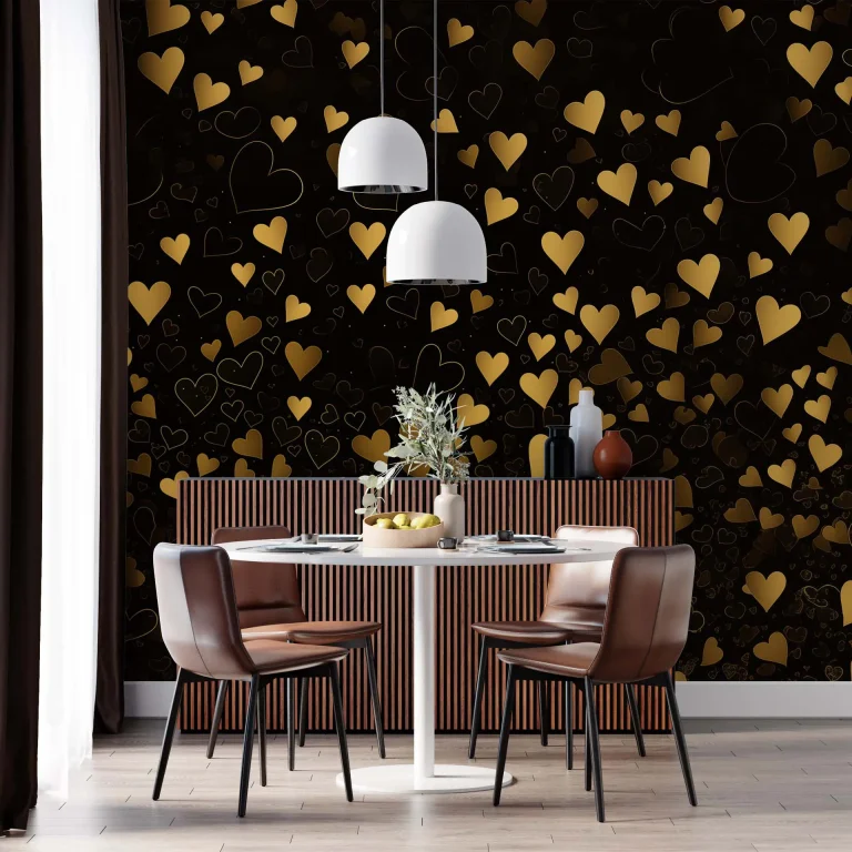 Luxurious Gold Hearts on Black Wallpaper - Romantic and Elegant Wall Design for Living Rooms or Bedrooms