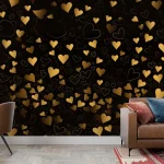 Luxurious Gold Hearts on Black Wallpaper - Romantic and Elegant Wall Design for Living Rooms or Bedrooms