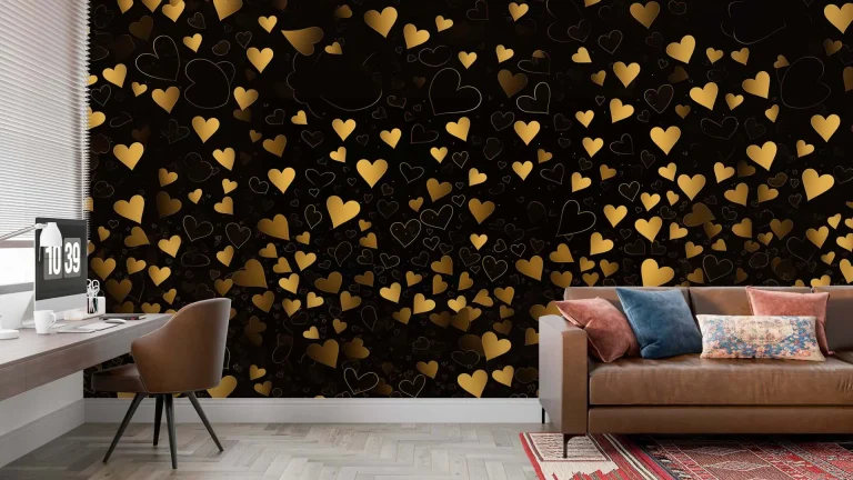 Luxurious Gold Hearts on Black Wallpaper - Romantic and Elegant Wall Design for Living Rooms or Bedrooms