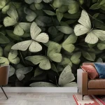 Elegant Butterflies with Green Leaves Wallpaper - Nature Inspired Wall Design for Bedrooms or Living Rooms