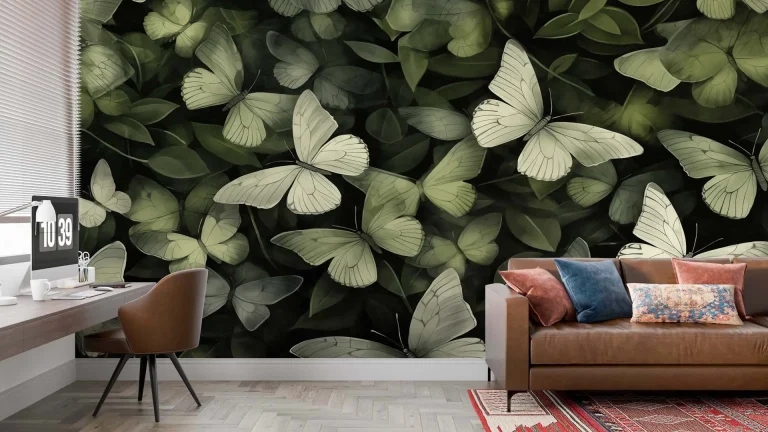 Elegant Butterflies with Green Leaves Wallpaper - Nature Inspired Wall Design for Bedrooms or Living Rooms