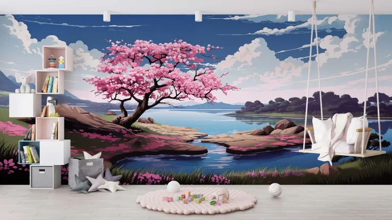 Serene Cherry Blossom Tree and Lake Wallpaper - Tranquil Nature Wall Design for Living Rooms or Bedrooms