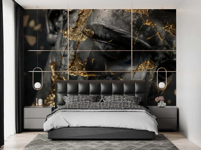 Artistic Cracked Black Statue with Gold Highlights Wallpaper - Modern and Sophisticated Design for Living Rooms or Offices