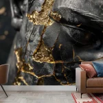 Artistic Cracked Black Statue with Gold Highlights Wallpaper - Modern and Sophisticated Design for Living Rooms or Offices