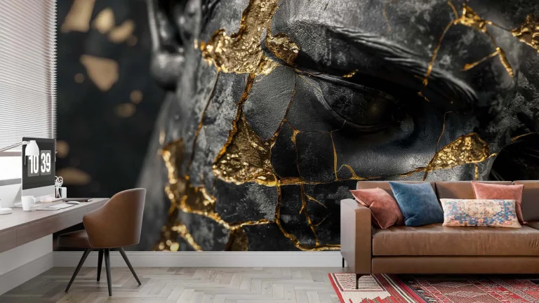 Artistic Cracked Black Statue with Gold Highlights Wallpaper - Modern and Sophisticated Design for Living Rooms or Offices