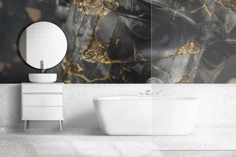 Artistic Cracked Black Statue with Gold Highlights Wallpaper - Modern and Sophisticated Design for Living Rooms or Offices