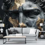 Gold-Accented Cracked Black Statue Wallpaper - Luxurious and Artistic Wall Design for Living Rooms or Offices