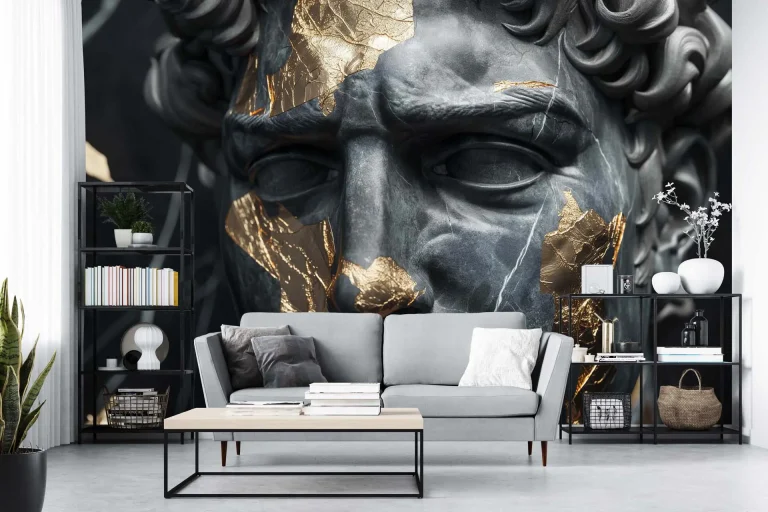 Gold-Accented Cracked Black Statue Wallpaper - Luxurious and Artistic Wall Design for Living Rooms or Offices