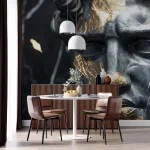 Gold-Accented Cracked Black Statue Wallpaper - Luxurious and Artistic Wall Design for Living Rooms or Offices