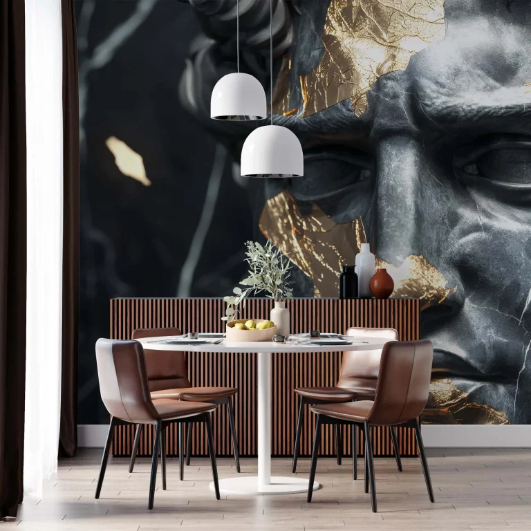 Gold-Accented Cracked Black Statue Wallpaper - Luxurious and Artistic Wall Design for Living Rooms or Offices