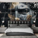 Gold-Accented Cracked Black Statue Wallpaper - Luxurious and Artistic Wall Design for Living Rooms or Offices