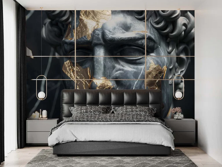 Gold-Accented Cracked Black Statue Wallpaper - Luxurious and Artistic Wall Design for Living Rooms or Offices