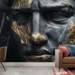Gold-Accented Cracked Black Statue Wallpaper - Luxurious and Artistic Wall Design for Living Rooms or Offices