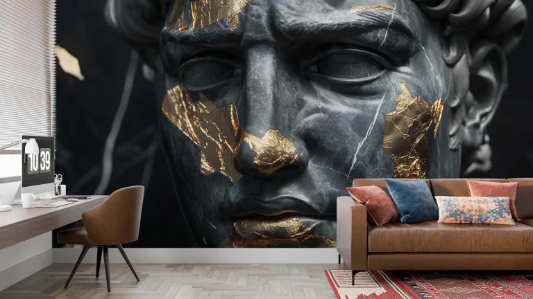 Gold-Accented Cracked Black Statue Wallpaper - Luxurious and Artistic Wall Design for Living Rooms or Offices