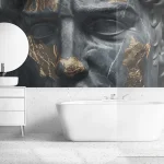 Gold-Accented Cracked Black Statue Wallpaper - Luxurious and Artistic Wall Design for Living Rooms or Offices
