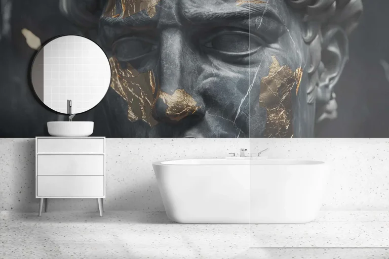 Gold-Accented Cracked Black Statue Wallpaper - Luxurious and Artistic Wall Design for Living Rooms or Offices