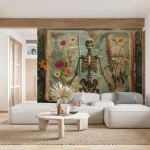 Skeleton and Flowers Art Wallpaper - Unique and Intriguing Wall Design for Creative Spaces or Art Studios