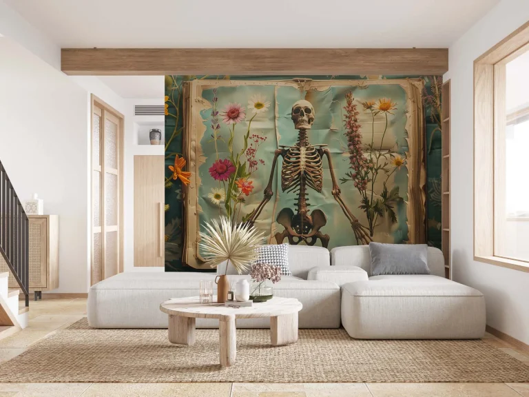 Skeleton and Flowers Art Wallpaper - Unique and Intriguing Wall Design for Creative Spaces or Art Studios