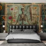 Skeleton and Flowers Art Wallpaper - Unique and Intriguing Wall Design for Creative Spaces or Art Studios