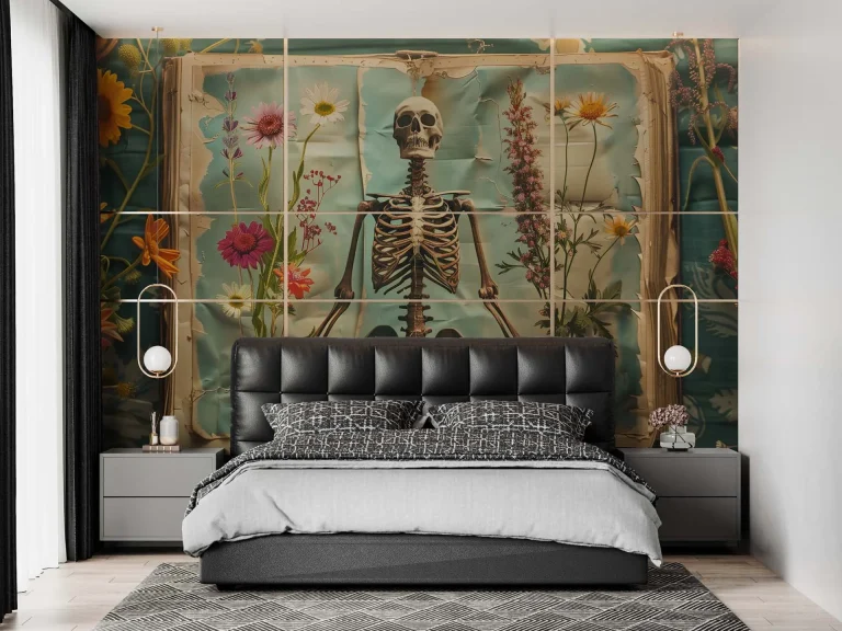 Skeleton and Flowers Art Wallpaper - Unique and Intriguing Wall Design for Creative Spaces or Art Studios