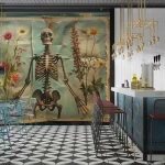 Skeleton and Flowers Art Wallpaper - Unique and Intriguing Wall Design for Creative Spaces or Art Studios
