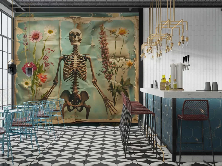 Skeleton and Flowers Art Wallpaper - Unique and Intriguing Wall Design for Creative Spaces or Art Studios
