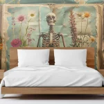 Skeleton and Flowers Art Wallpaper - Unique and Intriguing Wall Design for Creative Spaces or Art Studios