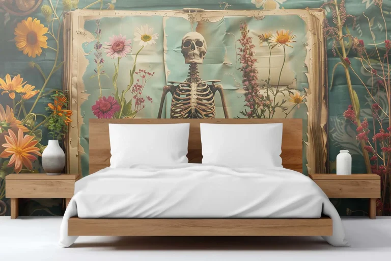 Skeleton and Flowers Art Wallpaper - Unique and Intriguing Wall Design for Creative Spaces or Art Studios