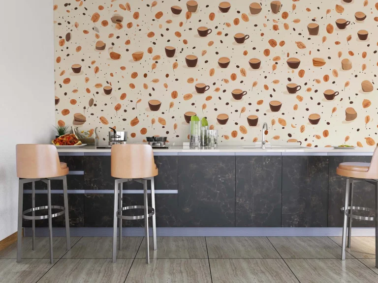 Coffee Cups and Nuts Pattern Wallpaper - Cozy and Inviting Wall Design for Cafes or Kitchens