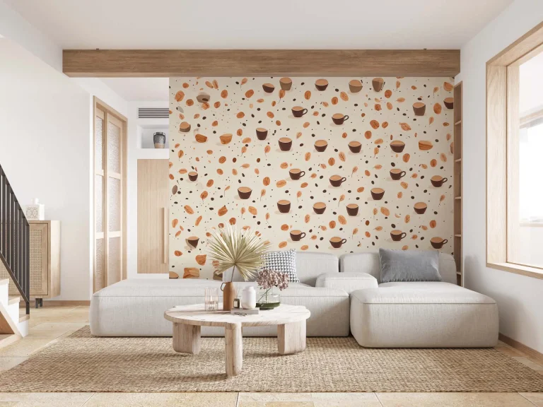 Coffee Cups and Nuts Pattern Wallpaper - Cozy and Inviting Wall Design for Cafes or Kitchens