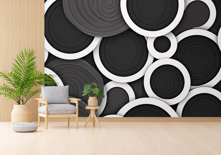 Black and White Geometric Circles Wallpaper - Modern and Minimalist Wall Design for Living Rooms or Offices