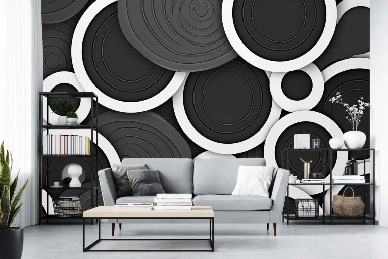 Black and White Geometric Circles Wallpaper - Modern and Minimalist Wall Design for Living Rooms or Offices