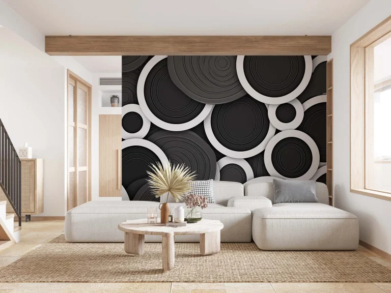 Black and White Geometric Circles Wallpaper - Modern and Minimalist Wall Design for Living Rooms or Offices