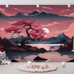 Beautiful Sunset with Pink Trees and Mountains Wallpaper - Dreamy Nature Wall Design for Bedrooms or Living Rooms