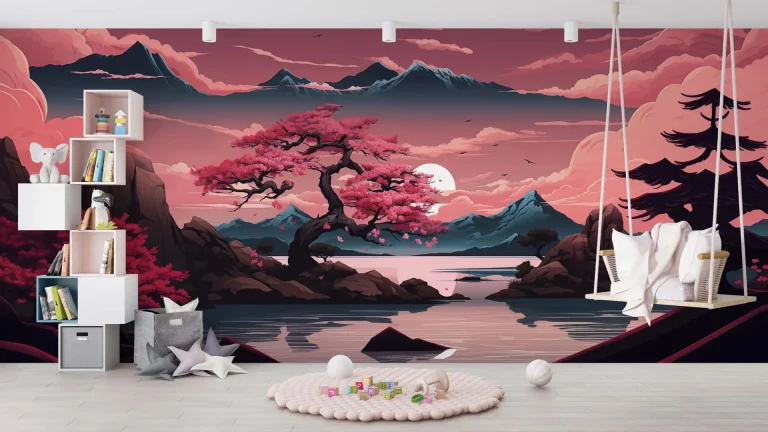 Beautiful Sunset with Pink Trees and Mountains Wallpaper - Dreamy Nature Wall Design for Bedrooms or Living Rooms