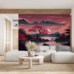 Beautiful Sunset with Pink Trees and Mountains Wallpaper - Dreamy Nature Wall Design for Bedrooms or Living Rooms