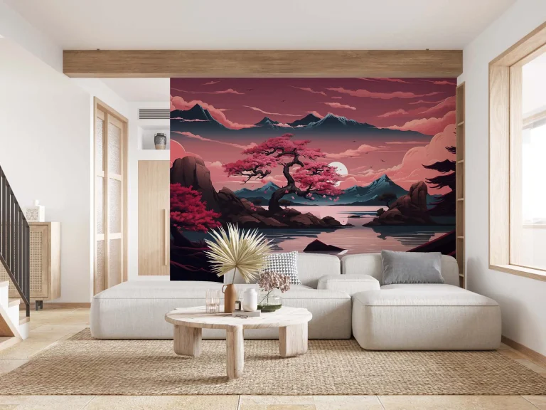 Beautiful Sunset with Pink Trees and Mountains Wallpaper - Dreamy Nature Wall Design for Bedrooms or Living Rooms
