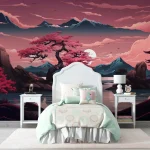 Beautiful Sunset with Pink Trees and Mountains Wallpaper - Dreamy Nature Wall Design for Bedrooms or Living Rooms
