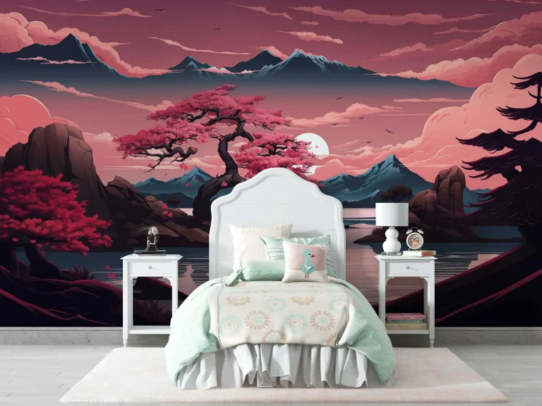 Beautiful Sunset with Pink Trees and Mountains Wallpaper - Dreamy Nature Wall Design for Bedrooms or Living Rooms