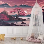 Beautiful Sunset with Pink Trees and Mountains Wallpaper - Dreamy Nature Wall Design for Bedrooms or Living Rooms