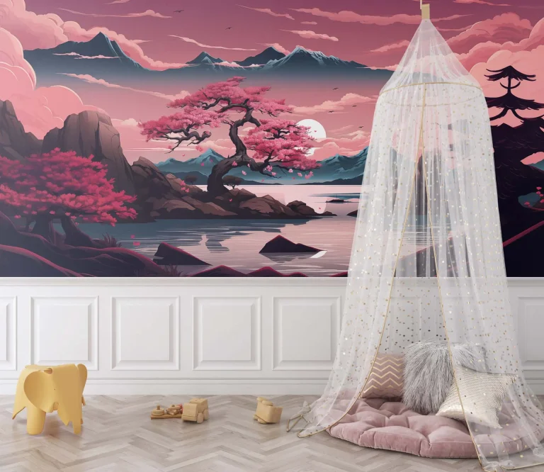 Beautiful Sunset with Pink Trees and Mountains Wallpaper - Dreamy Nature Wall Design for Bedrooms or Living Rooms