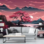 Beautiful Sunset with Pink Trees and Mountains Wallpaper - Dreamy Nature Wall Design for Bedrooms or Living Rooms