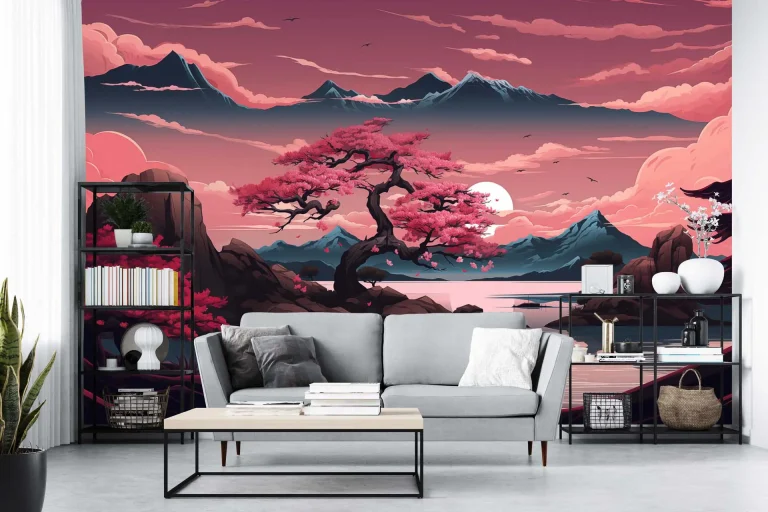 Beautiful Sunset with Pink Trees and Mountains Wallpaper - Dreamy Nature Wall Design for Bedrooms or Living Rooms