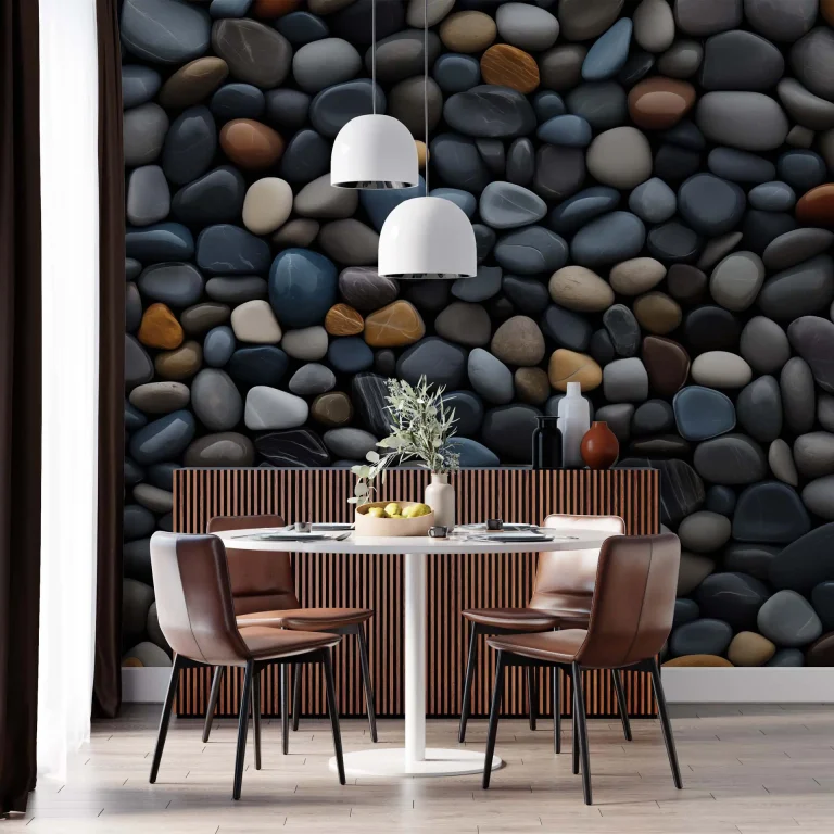 Natural Pebble Stones Wallpaper - Tranquil and Earthy Wall Design for Bathrooms or Living Rooms