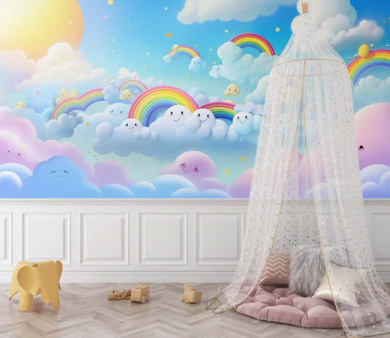Cute Clouds and Rainbows Wallpaper - Playful and Whimsical Wall Design for Nurseries or Kids' Rooms