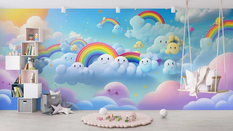 Cute Clouds and Rainbows Wallpaper - Playful and Whimsical Wall Design for Nurseries or Kids' Rooms