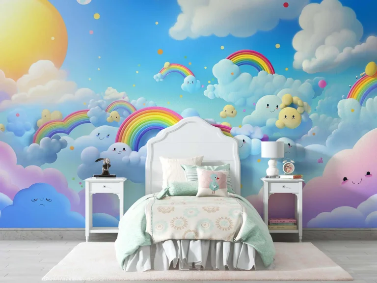 Cute Clouds and Rainbows Wallpaper - Playful and Whimsical Wall Design for Nurseries or Kids' Rooms