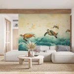 Colorful Sea Turtles Swimming in the Ocean Wallpaper - Ideal for Children's Rooms or Marine-Themed Spaces with a Playful Touch