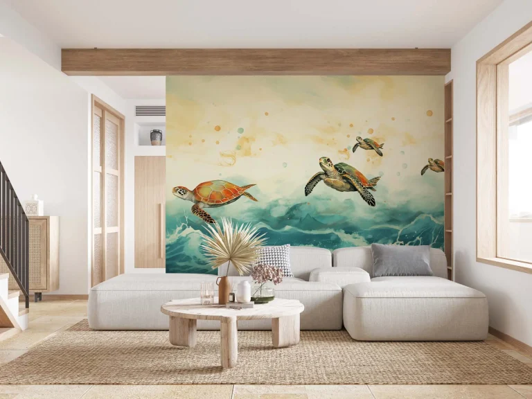 Colorful Sea Turtles Swimming in the Ocean Wallpaper - Ideal for Children's Rooms or Marine-Themed Spaces with a Playful Touch