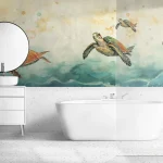 Colorful Sea Turtles Swimming in the Ocean Wallpaper - Ideal for Children's Rooms or Marine-Themed Spaces with a Playful Touch